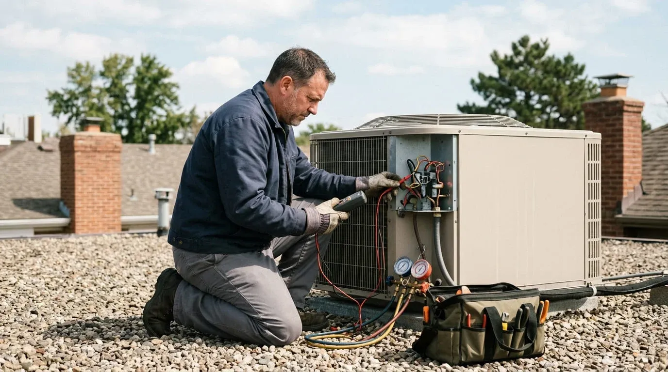 HVAC repair in Richmond, TX — checking airflow and condensate drainage on an attic air handler in a Fort Bend County home