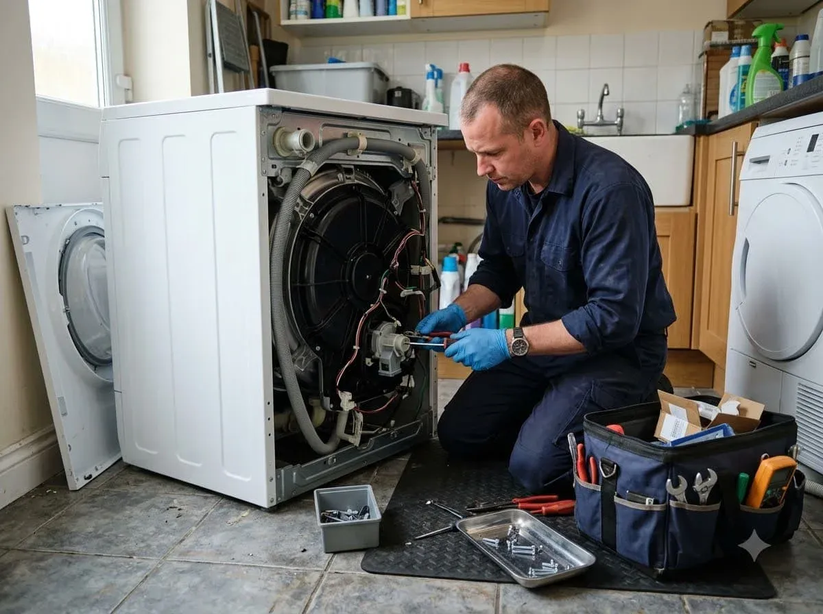 Appliance repair in Richmond, TX — servicing a washer and dryer in a second-floor laundry room in a Fort Bend County home